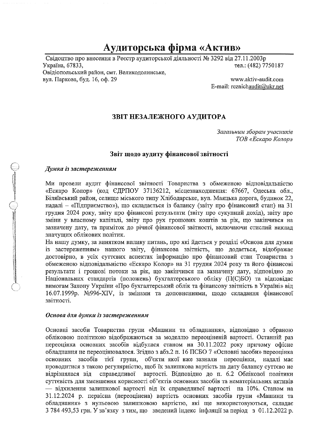 Аудиторський висновок та фінансова звітність за 2024 рік ТОВ ЕСКАРО КОЛОР